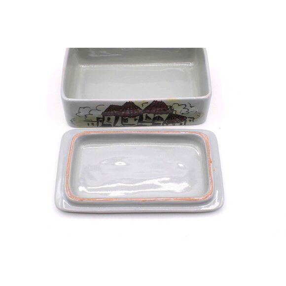 Italian Pottery Ceramic Trinket Box Village Scene Lid Gray Purple Signed Vintage - Picture 4 of 13